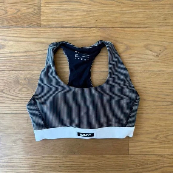 Women's Striped Sports Bra - Black and White - Picture 1 of 2